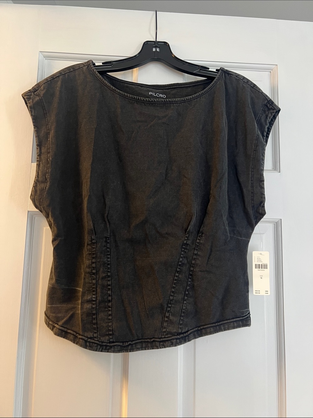 Pilcro Washed Black Cap-Sleeve Denim Top
